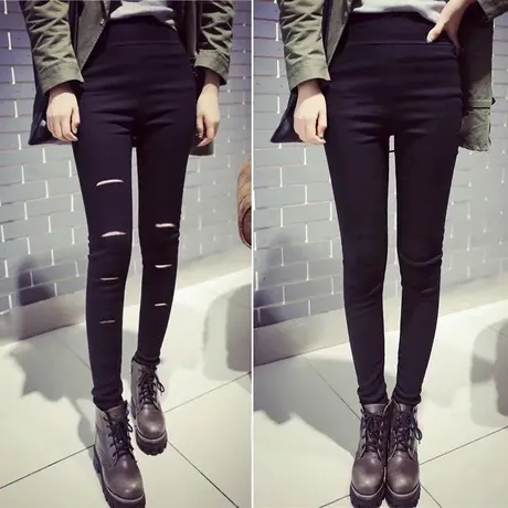 2023春夏韩版九分裤女外穿打底裤破洞小脚裤弹力显瘦高腰铅笔裤潮图片