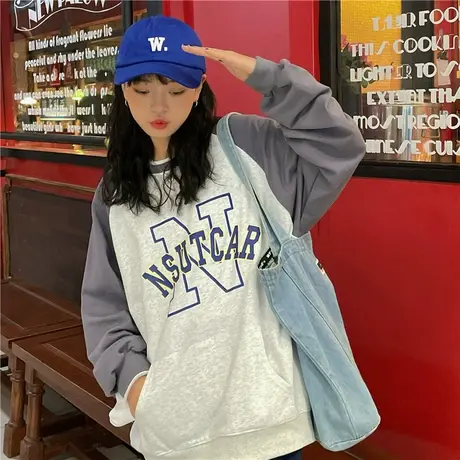 红续韩版圆领插肩袖卫衣女2023春装新款慵懒风宽松撞色上衣ins潮商品大图