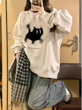 oversize美式复古灰色卫衣女2023新款春秋薄款宽松设计感早秋上衣图片