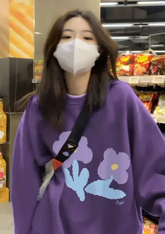 紫色圆领卫衣女小个子秋冬加绒大码宽松小众设计高级感超好看上衣图片