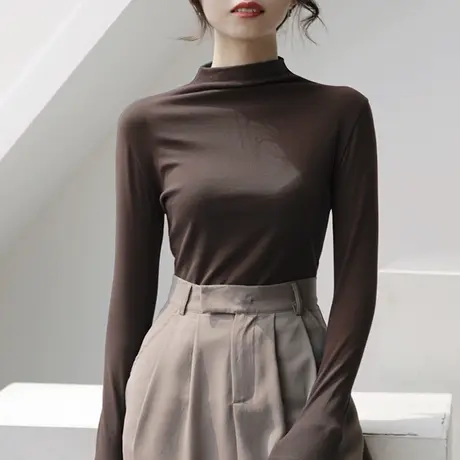 大码打底衫女chic复古半高领德绒内搭ins潮秋冬保暖加绒修身上衣商品大图