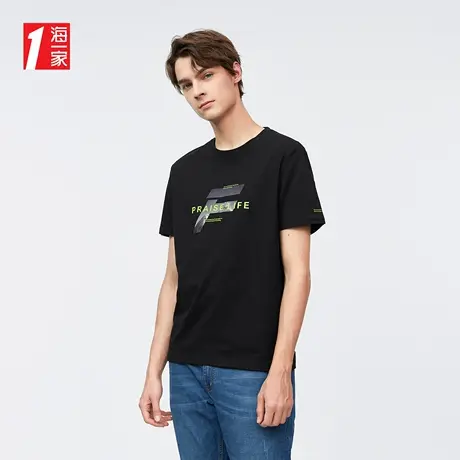 海一家时尚字母印花短T舒适基础日常圆领休闲短袖T恤男商品大图