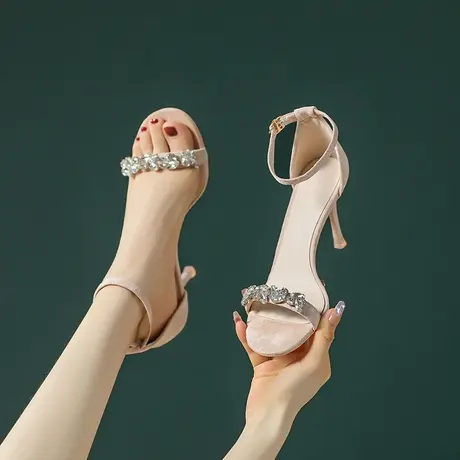 露趾凉鞋一字带凉鞋2023年夏季新款细跟侧空温柔晚晚风气质高跟鞋商品大图