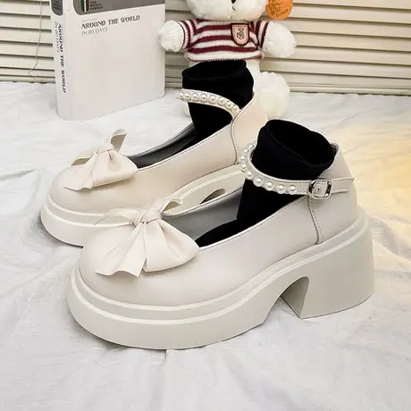 玛丽珍鞋女2023年春新款时尚高跟蝴蝶结厚底粗跟珍珠配裙子小皮鞋商品大图