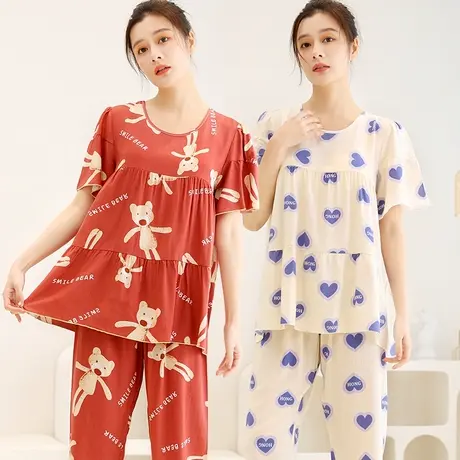 妈妈棉绸睡衣女2023年新款夏天短袖人造棉家居服薄款大码绵绸套装图片