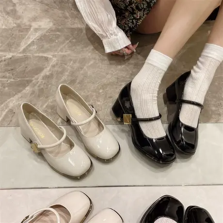 法式粗跟玛丽珍鞋女2024春夏季新款一字扣百搭单鞋浅口黑色小皮鞋商品大图