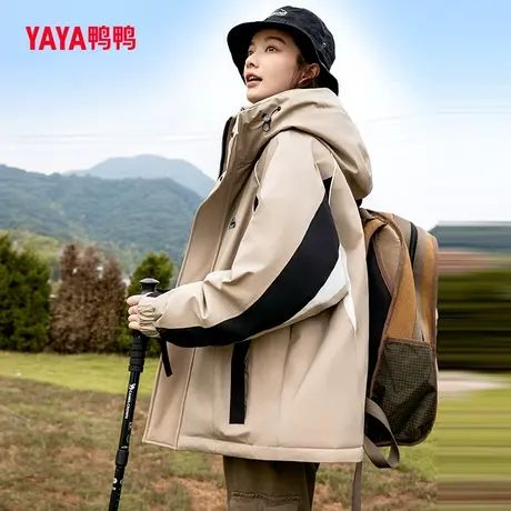 王一博明星同款鸭鸭户外冲锋衣男女同款2023连帽短款工装羽绒服W图片