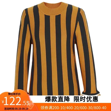 【艾格】2023春新款气质套头毛衣女开叉喇叭袖竖条纹弹力针织衫图片