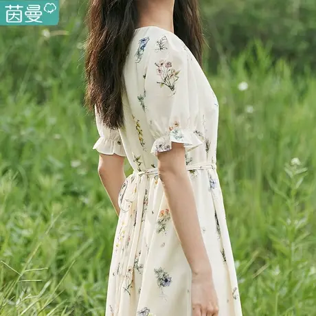 茵曼法式复古碎花连衣裙女2023年夏季新款小个子V领泡泡袖长裙子商品大图