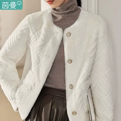 茵曼小香风羊羔绒短外套女装2023新款秋冬季减龄皮毛一体上衣棉衣图片