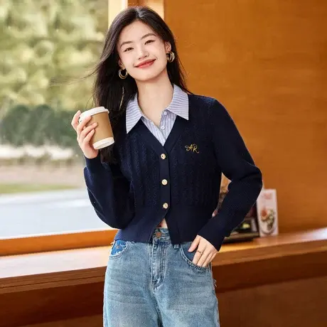 时尚气质休闲百搭毛衣开衫女士2023年秋季新款通勤设计感短款上衣商品大图