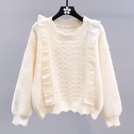 小香风荷叶边圆领套头毛衣女秋冬2023新款宽松高级感减龄针织上衣商品大图