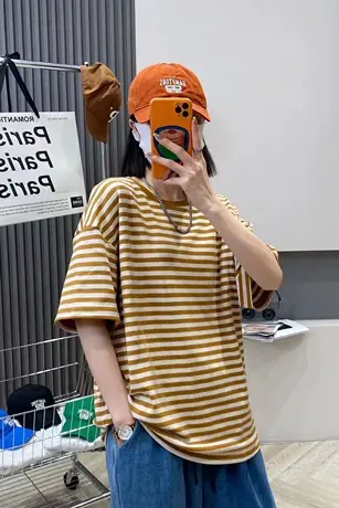 条纹圆领套头中长款T恤女夏季新款韩版宽松减龄百搭针织短袖T恤衫商品大图