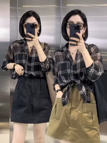 格子防晒衣夏季气质长袖衬衣外套中长款宽松百搭开衫轻薄上衣衬衫商品大图