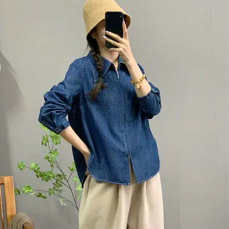 文艺复古纯棉翻领牛仔衬衣外套女士春季新款宽松上衣显瘦长袖衬衫图片