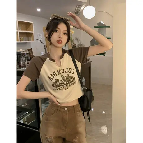 小众独特短款上衣女修身辣妹夏季高腰百搭体恤美式复古短袖t恤女图片