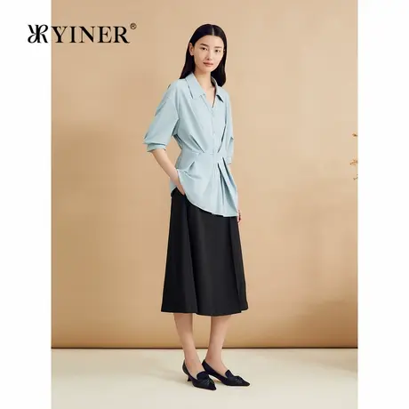 YINER音儿2024秋季新款法式不对称倒褶收腰海鸥领衬衫上衣图片