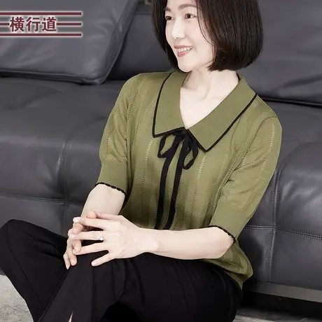 简约韩版翻领蝴蝶结撞色宽松针织短袖女外穿上衣大码2025夏季新款商品大图