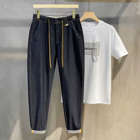 蓝色裤子宽松直筒牛仔裤男潮牌丹宁原色日系春秋季小脚九分休闲裤商品大图