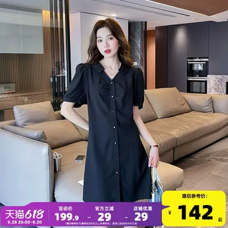 唐狮V领短袖衬衫连衣裙女2024夏季新款裙子黑色显瘦小个子女装t1图片