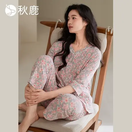 秋鹿【直播专享】睡衣单面棉氨印花七分袖九分裤女套家居服夏季商品大图