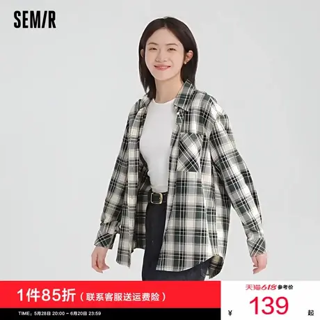 [商场同款]森马长袖衬衫女中长款慵懒宽松2025秋新款复古格纹衬衣图片