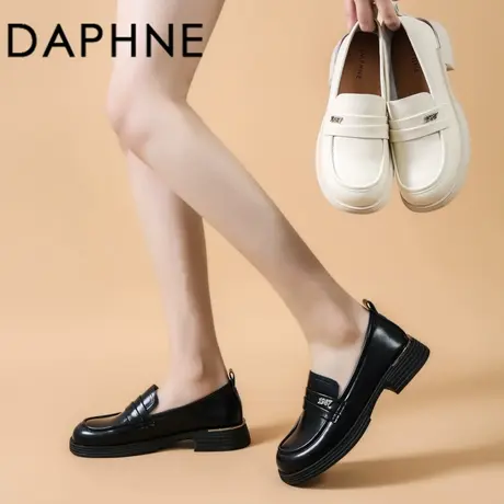 Daphne/达芙妮粗跟英伦风小皮鞋厚底增高一脚蹬黑色JK单鞋通勤女图片