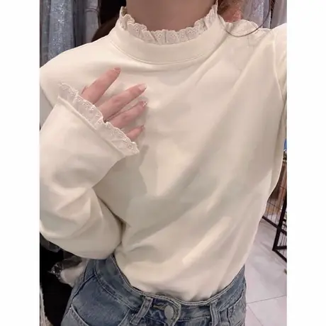 chic甜辣半高领蕾丝花边长袖T恤女春季韩版修身打底衫内搭上衣服图片