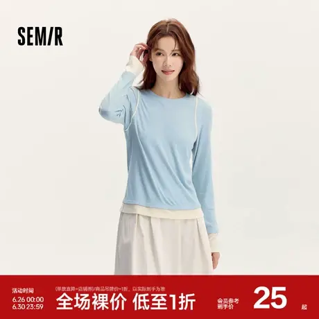 森马长袖T恤女设计感紧身假两件2024新款秋季显瘦撞色拼接针织衫商品大图