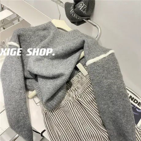 高级灰设计感毛衣女秋冬百搭宽松撞色拼接小众显瘦软糯上衣2022新图片