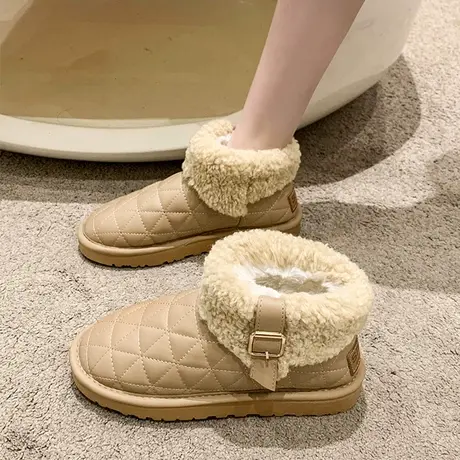 皮面防水雪地靴女冬皮毛一体毛毛鞋2023新款加绒加厚保暖短筒棉鞋图片