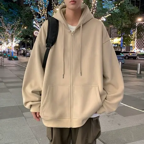 连帽开衫卫衣男春秋季港风复古高街潮牌纯色衣服重磅宽松拉链外套商品大图