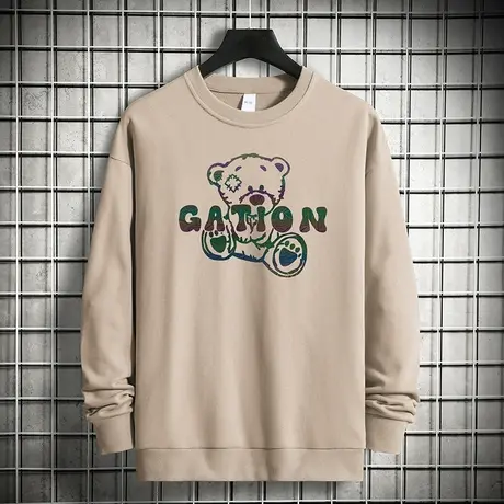 380g重磅纯棉圆领卫衣男秋冬款无帽上衣服摇粒绒小熊长袖t恤宽松商品大图