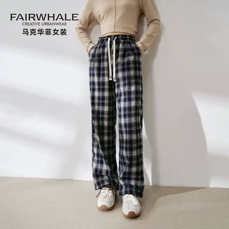 马克华菲格子裤女春秋2025新款高腰直筒阔腿裤宽松高级感休闲裤子图片