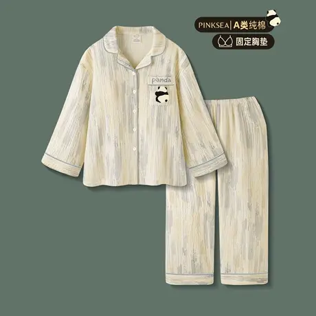 Pinksea睡衣女款2025新款防凸点带胸垫纯棉纱布长袖春秋家居服商品大图