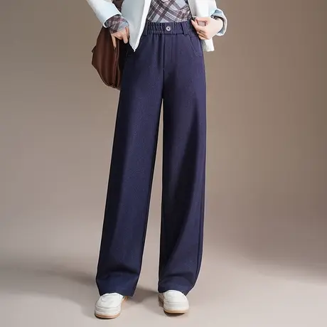藏蓝直筒牛仔裤女2025秋季新款松紧高腰垂感显瘦百搭长裤休闲裤子图片