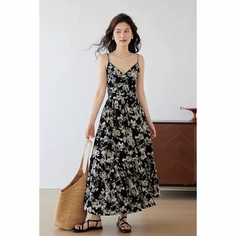 嘉茱莉2024夏季新款水墨连衣裙女夏季法式气质吊带印花裙子女小众图片