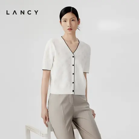 LANCY/朗姿2024夏季v领短袖白色针织衫撞色通勤高级感薄套头衫女图片