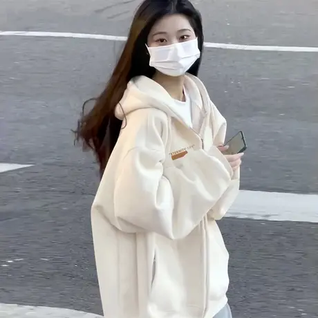 卫衣外套女早秋2025新款宽松复古学院风小个子设计感连帽拉链开衫商品大图