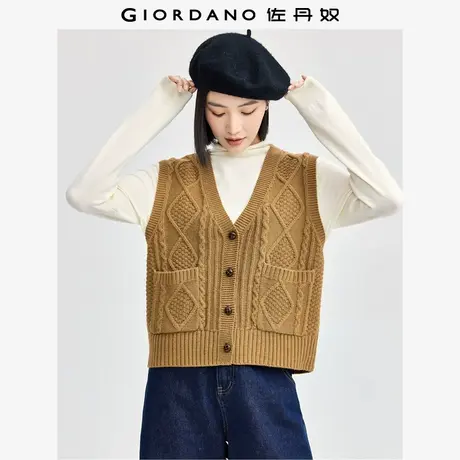 佐丹奴针织衫女装绞花V领口袋毛织开胸针织衫背心 05354703商品大图
