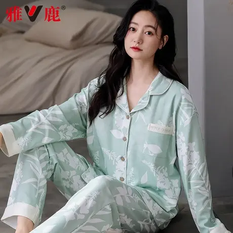雅鹿睡衣女春秋100%纯棉长袖中老年妈妈款休闲秋冬全棉家居服套装图片