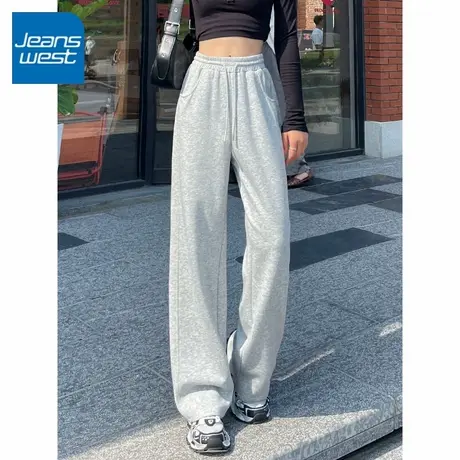 KV真维斯麻灰色运动阔腿裤子女2025新款春秋季拼接直筒休闲卫裤女商品大图