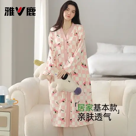 雅鹿睡裙女士纯棉长袖睡衣中长款甜美可爱女秋冬大码家居服套装女商品大图