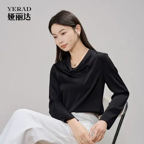 娅丽达黑色长袖衬衫女秋季上衣2025年新款内搭打底衫职业通勤衬衣商品大图