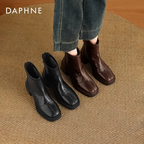 达芙妮方头高跟棕色黑色小短靴2026新款女款秋冬季加绒马丁女靴子图片