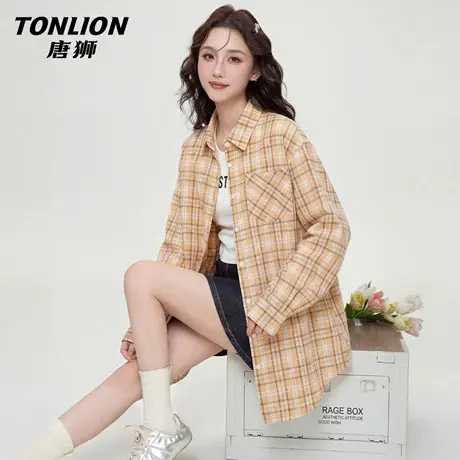 唐狮官方黄色格子衬衫女2026新款春秋款韩系慵懒风长袖外套上衣VB图片