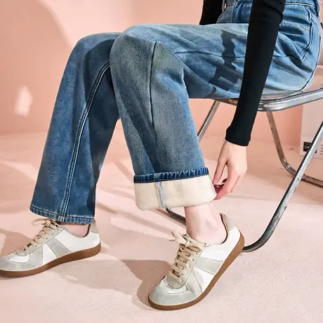 唐狮春季新款牛仔裤女宽松阔腿水洗加绒加厚冬潮流复古裤子女TD商品大图