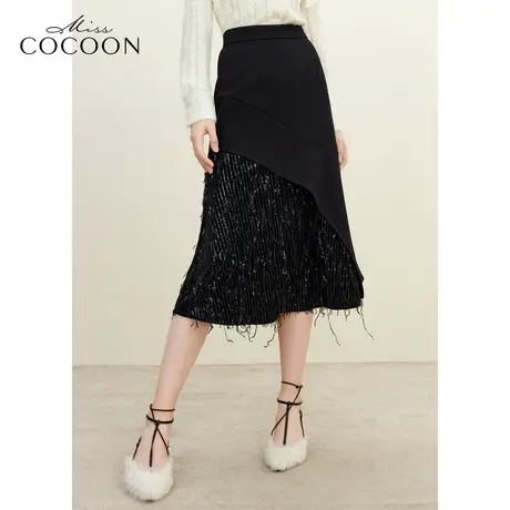 missCOCOON老钱风摩登感2023冬装新款女斜裁拼接设计A字半身裙图片