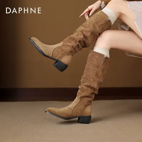 达芙妮长筒靴女2026新款冬季加绒美拉德绒面堆堆靴尖头西部骑士靴商品大图