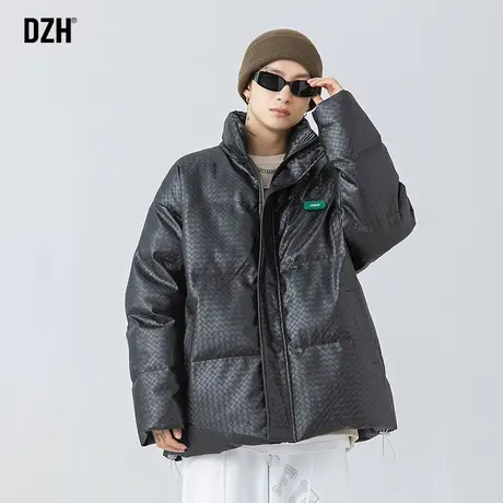 男士pu皮棉服男冬季棉衣外套宽松编织格纹棉袄潮牌男装2023年新款商品大图